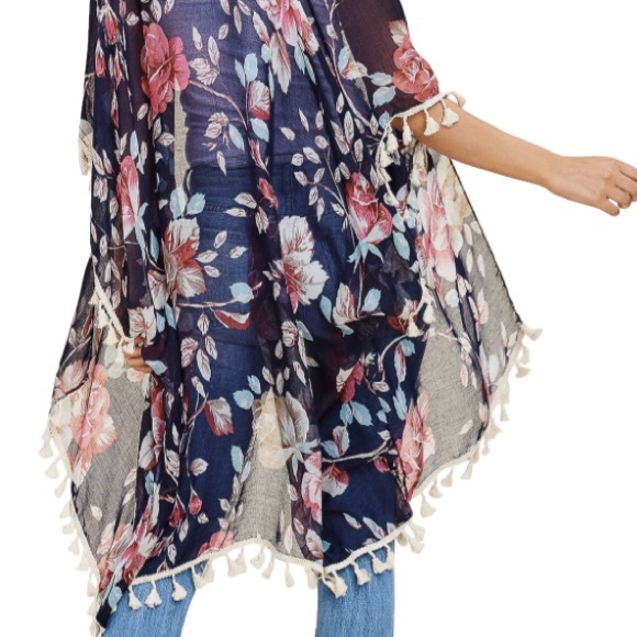❤️LAST NEW Navy Tassel Trim kimono cover up - Picture 2 of 3